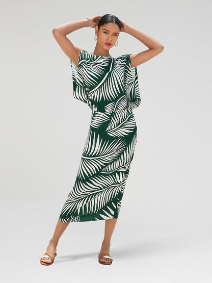 Satin Print Raglan Midi Dress