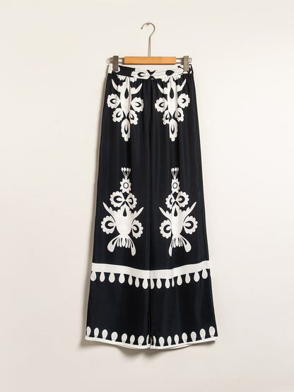 Pants Black Floral Print Straight Leg Satin