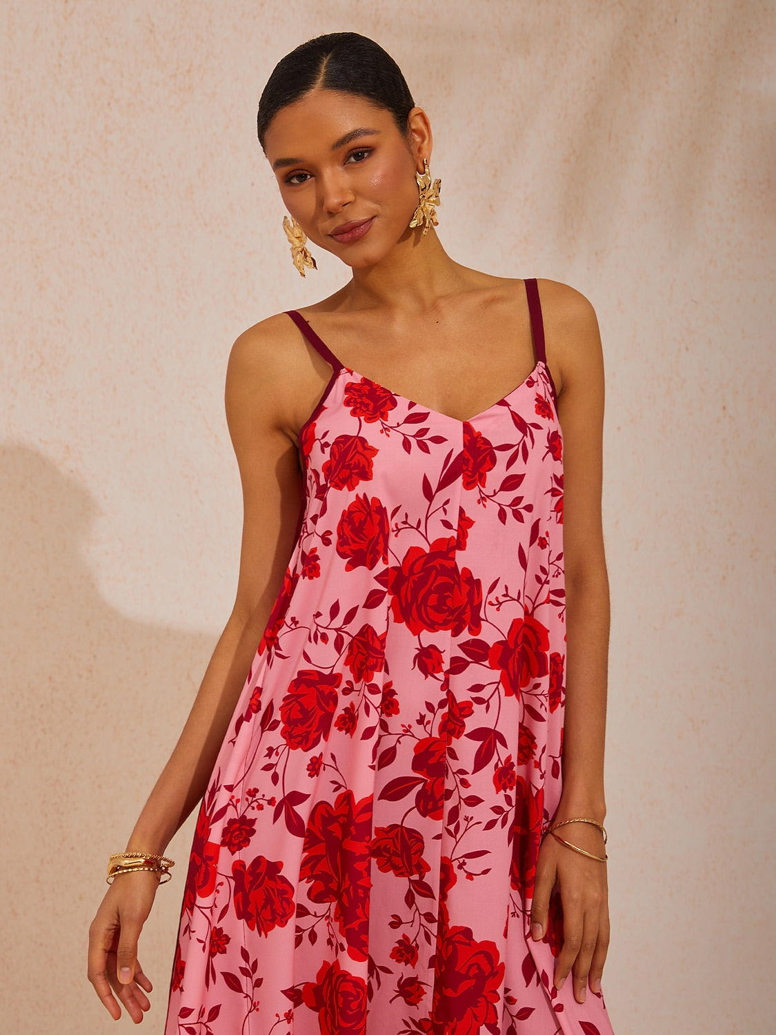 Vacation Pink Floral A-Line Cotton-Like Cami Dress