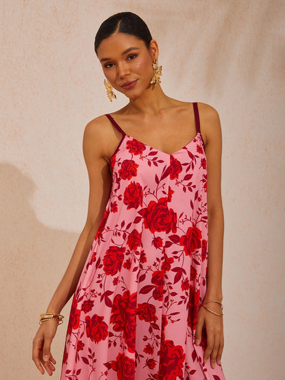 Vacation Pink Floral A-Line Cotton-Like Cami Dress