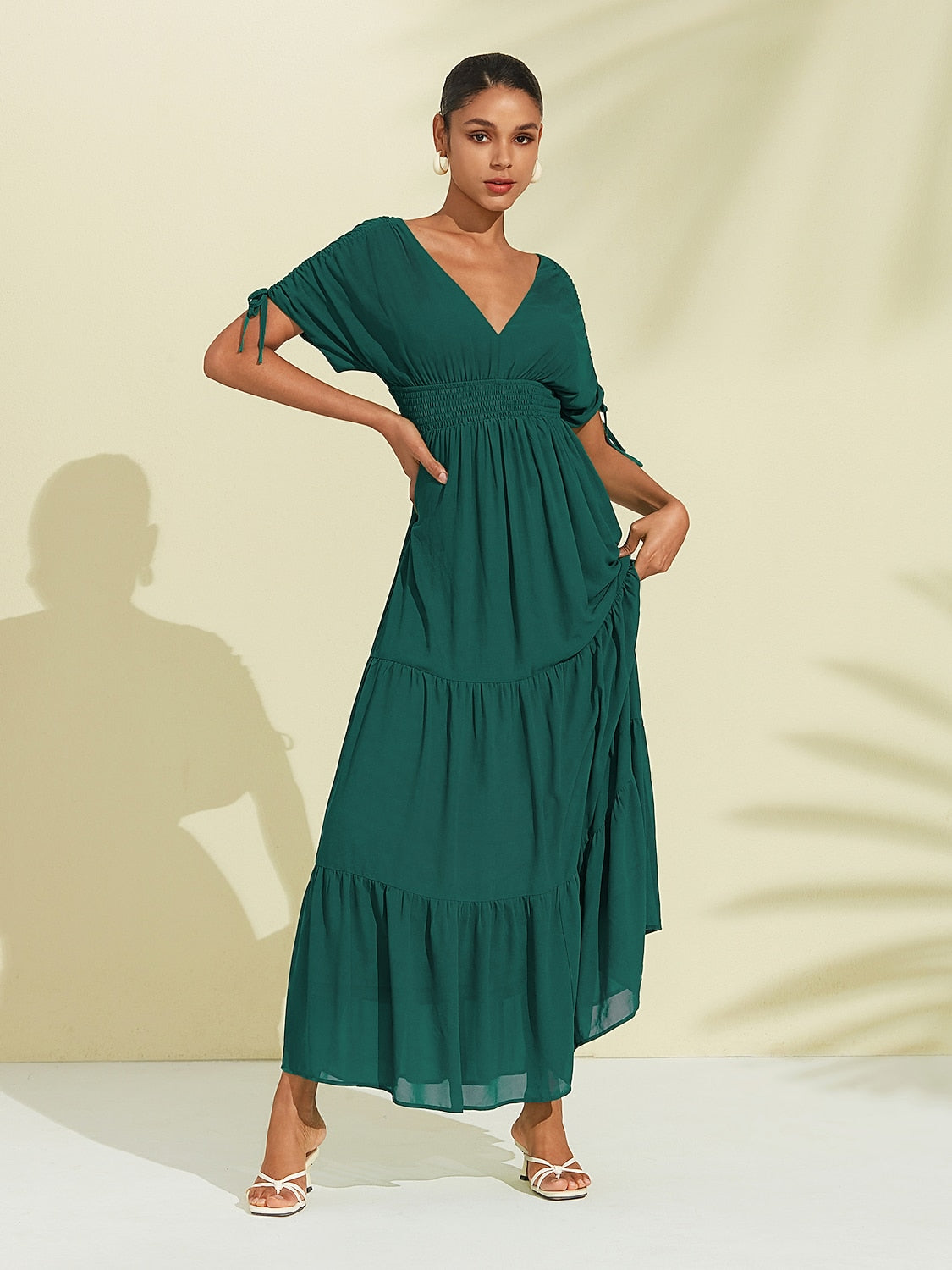Chiffon Halter Tie Back Smock Maxi Dress