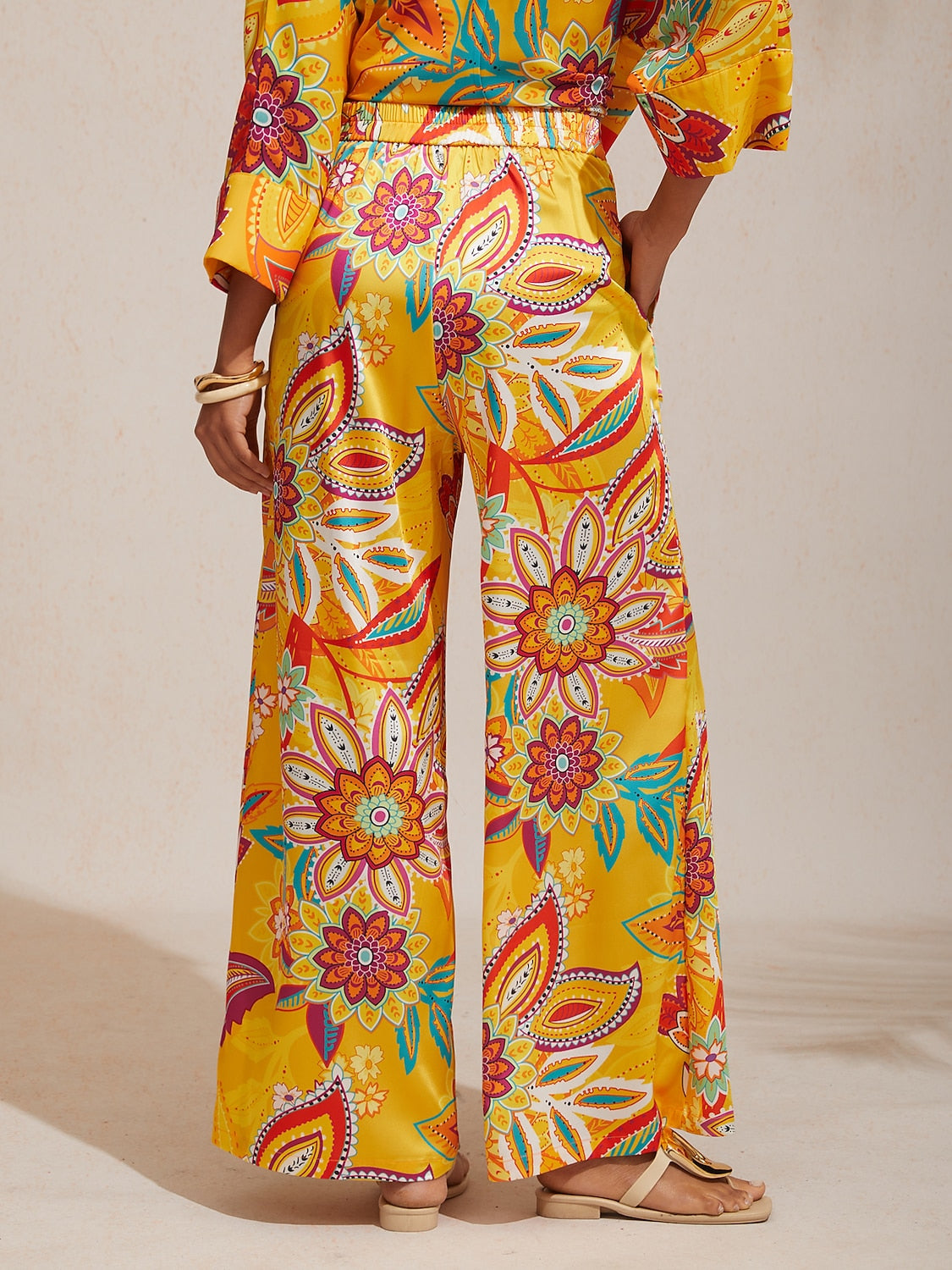 Vacation Yellow Paisley Floral Straight Satin Pants