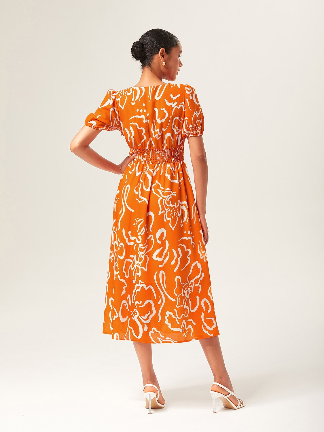 Abstract art print Linen-Like Fabric Waist-Cinching Maxi Dress