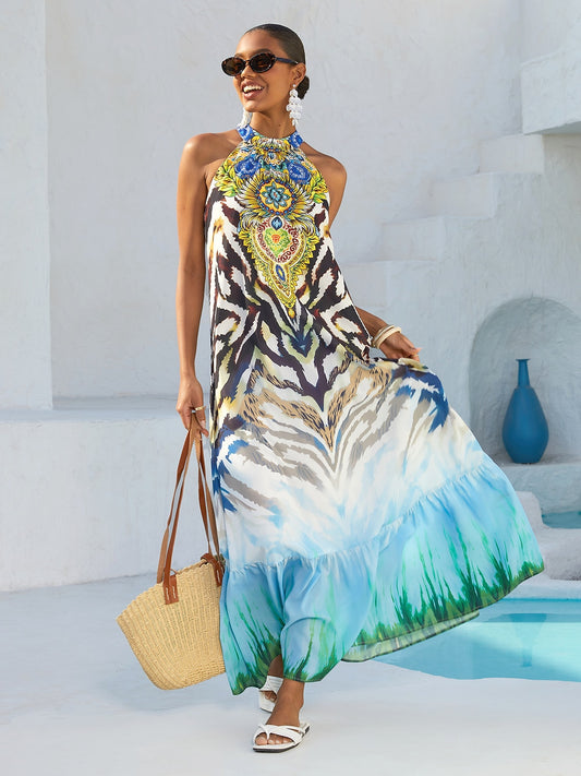 Gradient Tiger Chiffon Vacation Maxi Dress