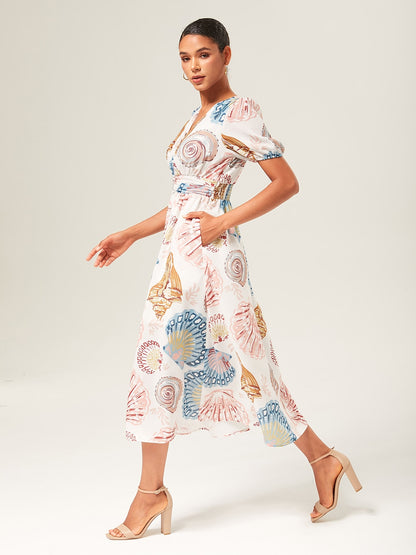 Linen-Like Smocked A-Line Midi Dress