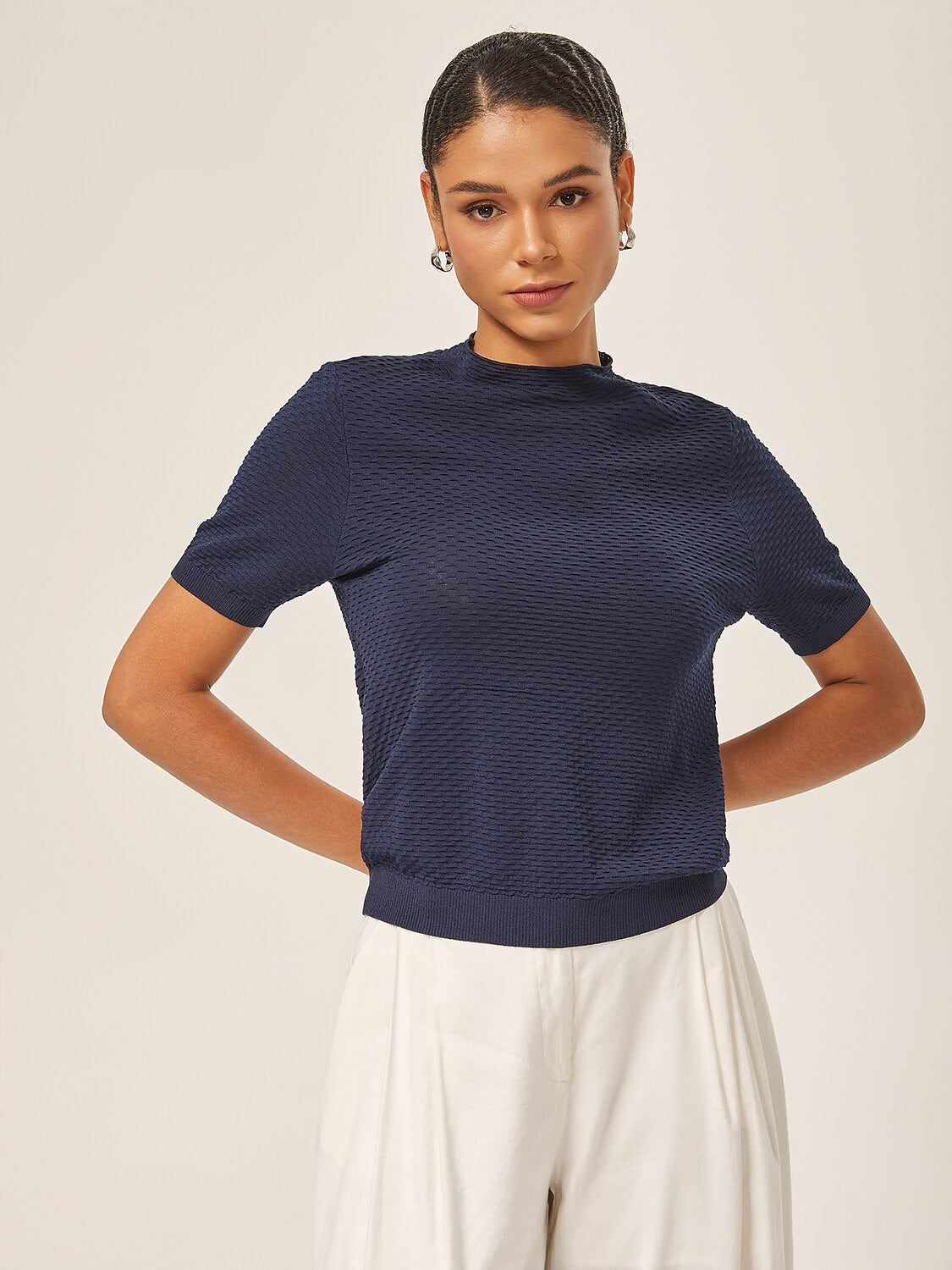 Luxe Textured 3D Jacquard Knit Navy Blue Top