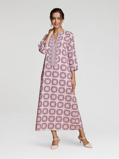 Ethnic Floral Print Notched Collar Vacation Style Maxi Dress