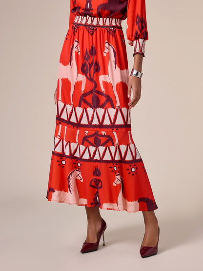 Chiffon Orange Printing Elegant Bohemia Midi Skirt