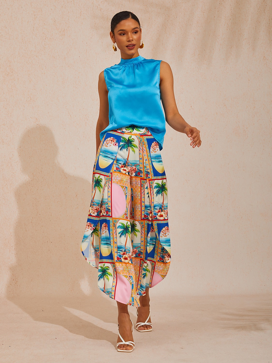 Vacation Geometric Floral Print Curved Hem Cross-over Satin Wide leg Pants