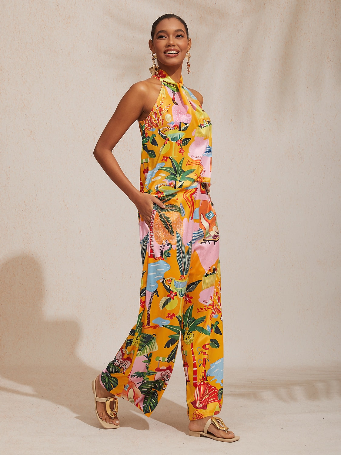 Vacation Beach Floral Print Straight Wide leg Pants