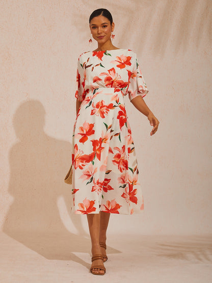 Vacation Pink Floral Print Waist Cinching Chiffon Maxi Dress