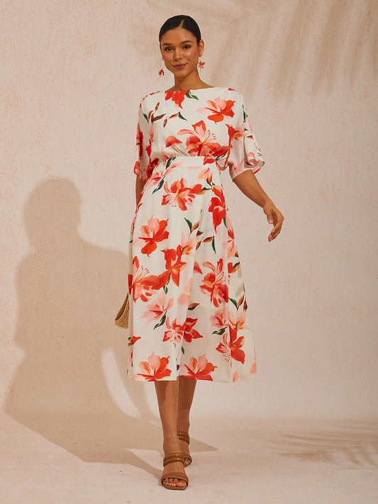 Vacation Pink Floral Print Waist Cinching Chiffon Maxi Dress