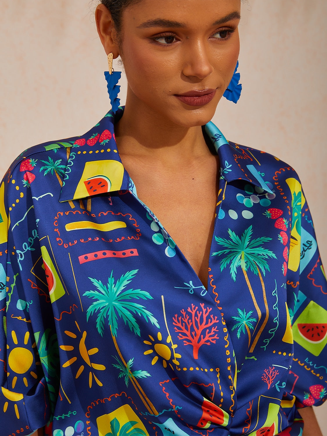 Vacation Geometric Tropical Print Dolman Sleeve Satin Short Shirt