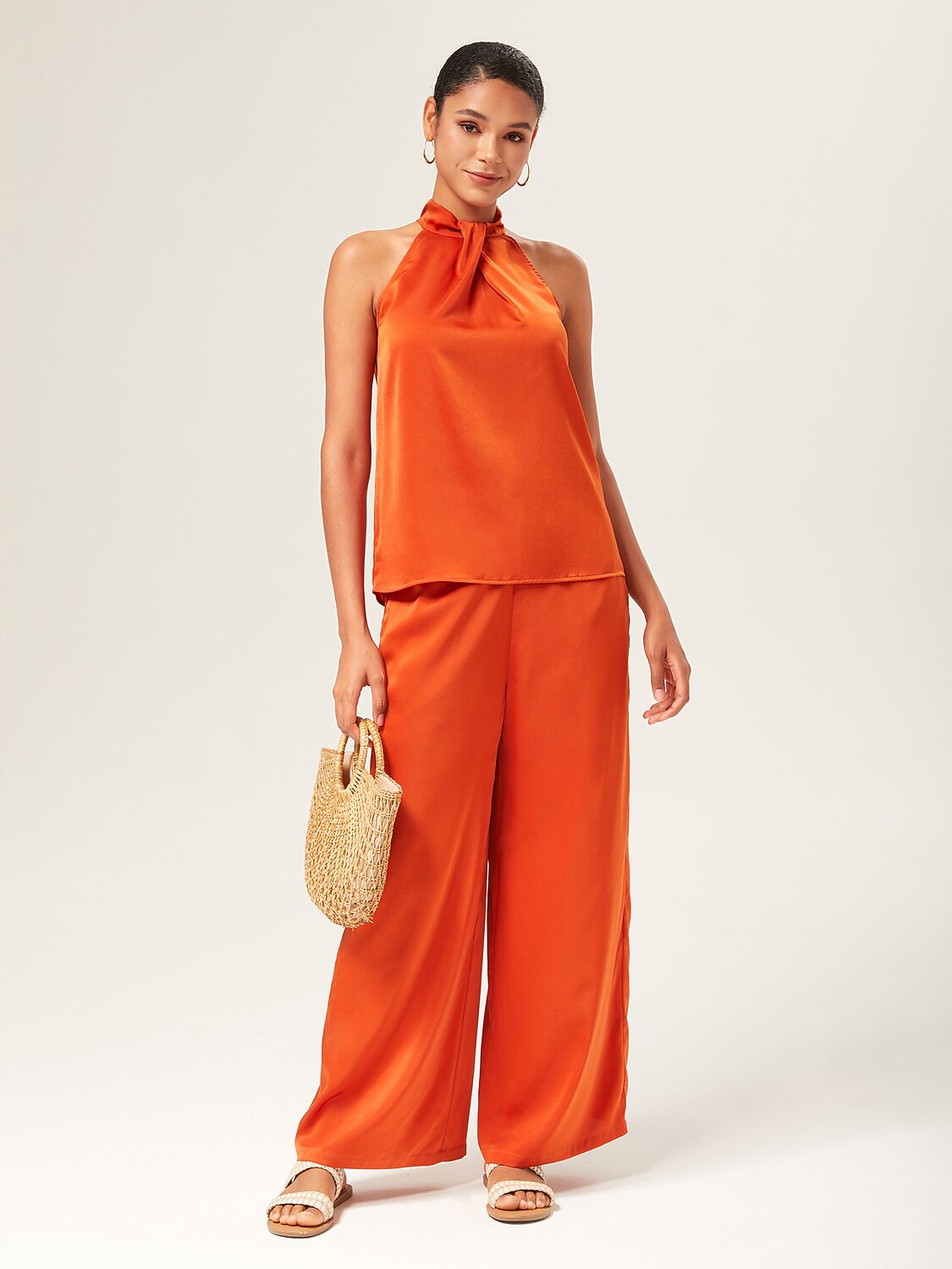Satin Orange Stand Collar Wide Leg Pants Set