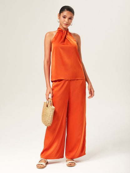 Satin Orange Stand Collar Wide Leg Pants Set