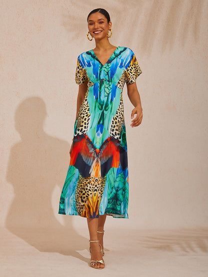 Vacation Jungle Beast Print Fitted Waist Satin Maxi Dress