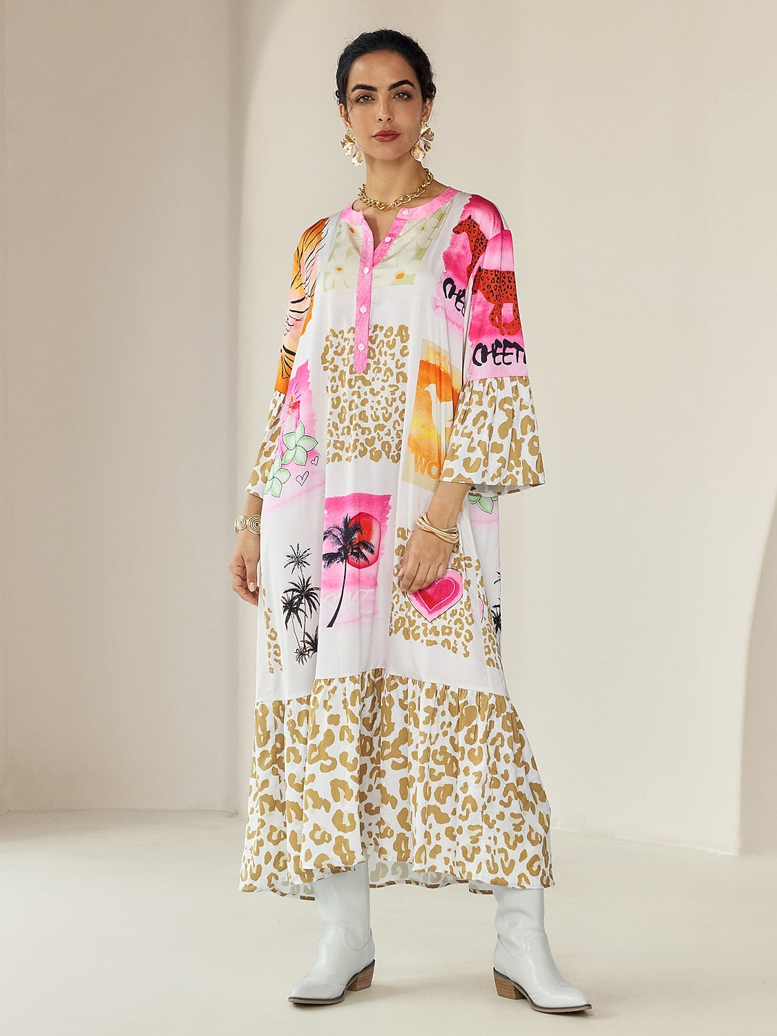 Satin Leopard Print Button Up Maxi Dress