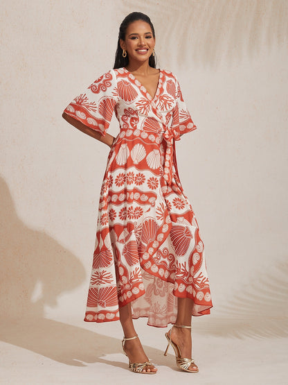 Ocean Elements Print Vacation Style Satin V-Neck Dress
