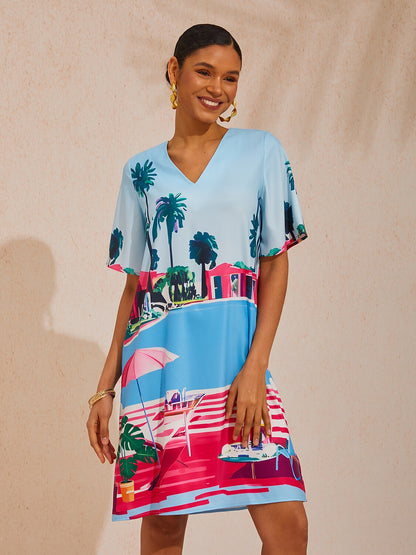 Vacation Print Satin Short Sleeves Mini Dress
