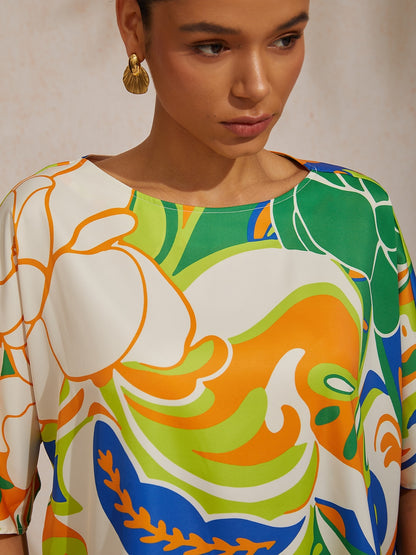 Summer Night Palm Silky Satin Dolman Sleeve Top