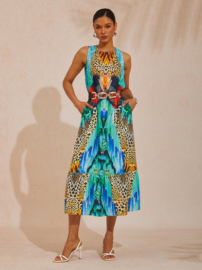 Vacation Jungle Print Satin Maxi Dress