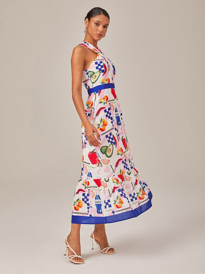 Tropical Fruit-Vegetable Print Halter Neck Long Dress
