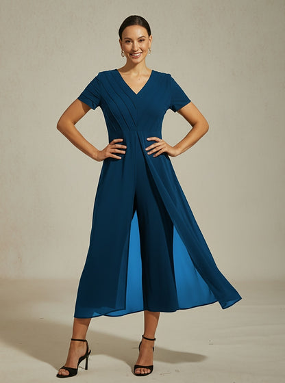 Paneled Design Faux Flowy Sheer Stretch Fabric Jumpsuit