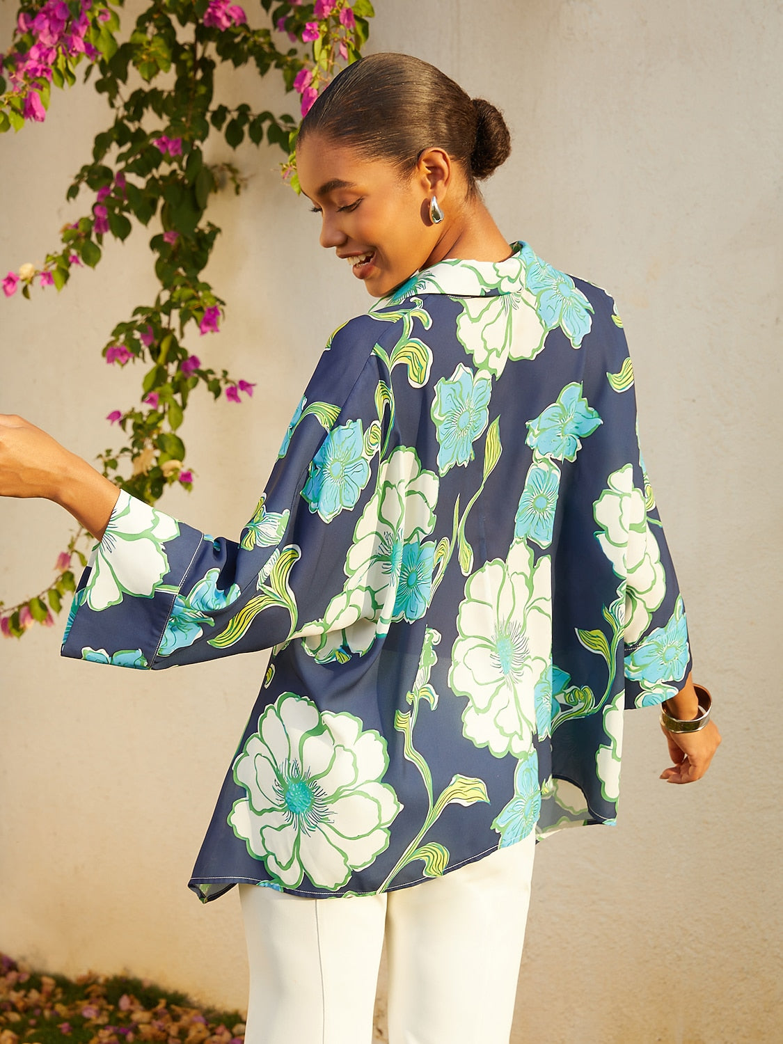 Vacation Green Floral High Low Chiffon Short Shirt