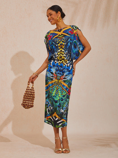 Vacation Jungle Print Fitted Waist Satin Maxi Dress