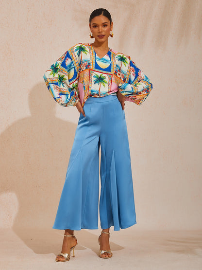Vacation Geometric Floral Print Dolman Sleeve Satin Top