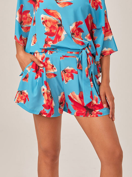Vacation Floral Print High-Waisted Tie-Front Fresh Shorts