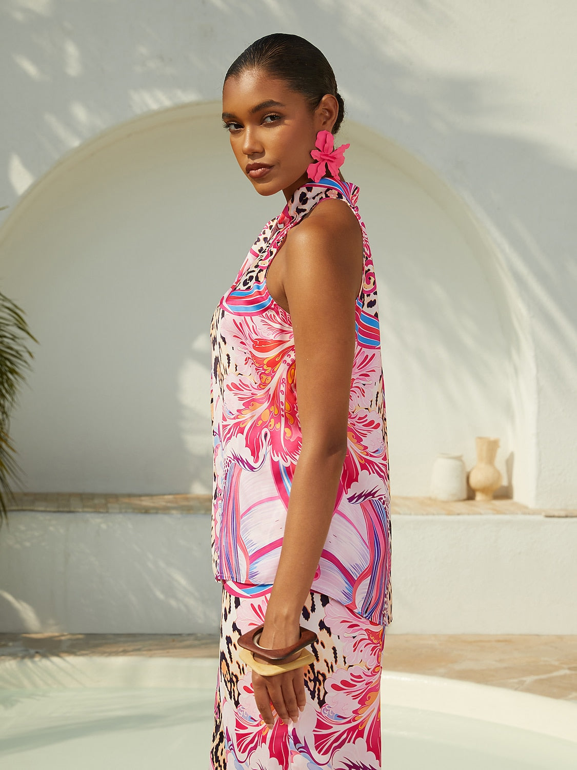 Vacation Pink Paisley Print Satin Short Top