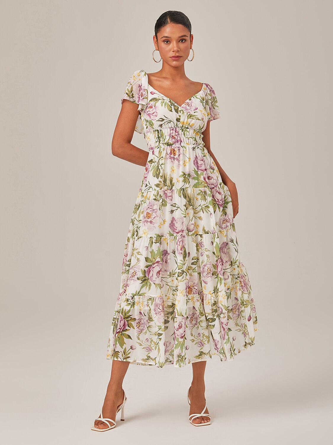 Elegant Floral Print Chiffon Flowy V-Neck Backless Maxi Dress