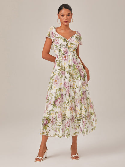 Elegant Floral Print Chiffon Flowy V-Neck Backless Maxi Dress