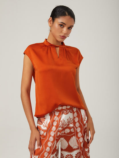 Orange Stand-Up Collar Sleeveless Knotted Top