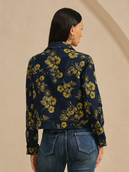 Jacket Denim Fabric Yellow Floral Pattern Turn Down Collar
