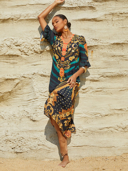 Emerald Empress Flowy Chiffon Straight Maxi Dress