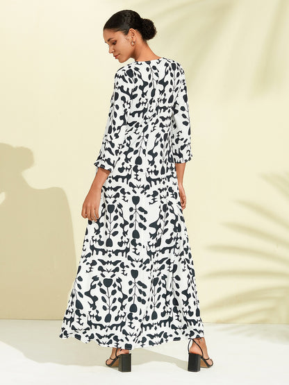 Satin Floral Geometric Pattern Vacation Maxi Dress