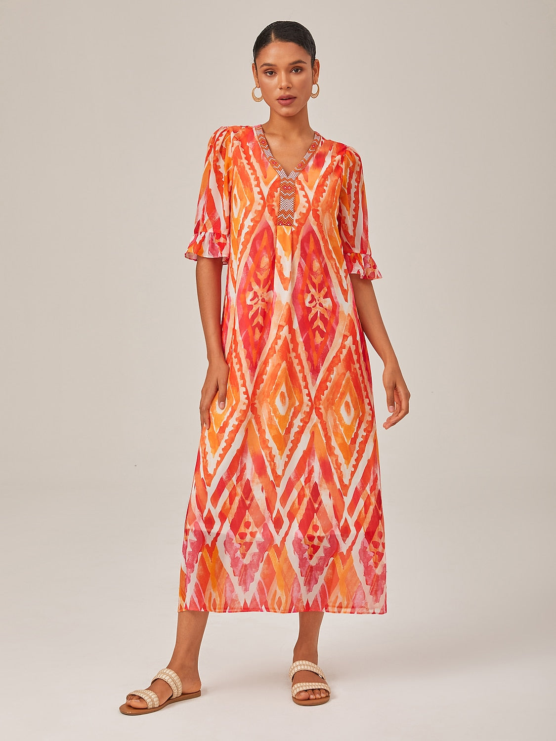 Chiffon Ethnic Print Midi Dress