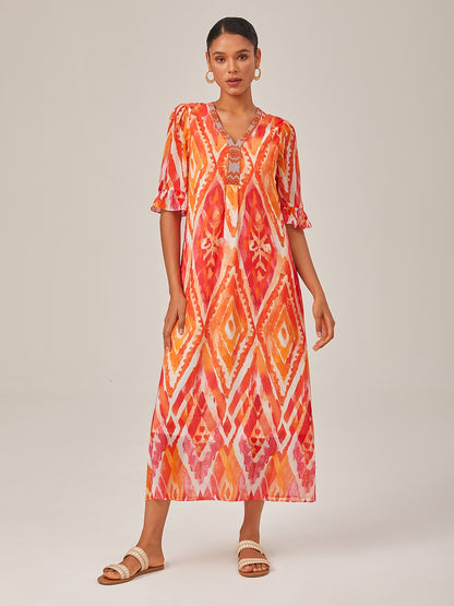 Chiffon Ethnic Print Midi Dress