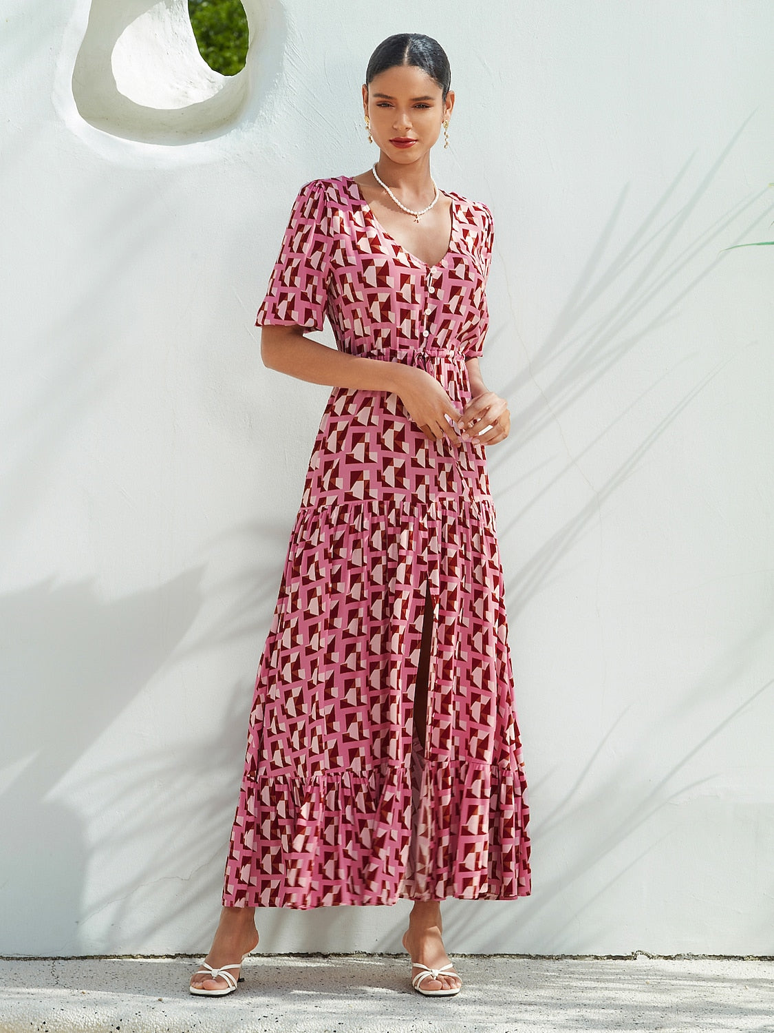 Resort Maxi Dress Pink Short Geometic Drawstring