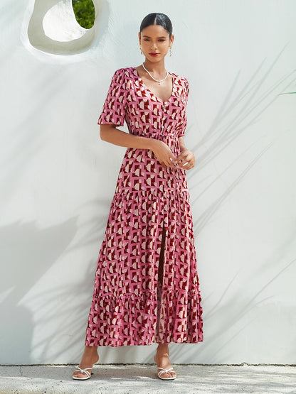 Resort Maxi Dress Pink Short Geometic Drawstring