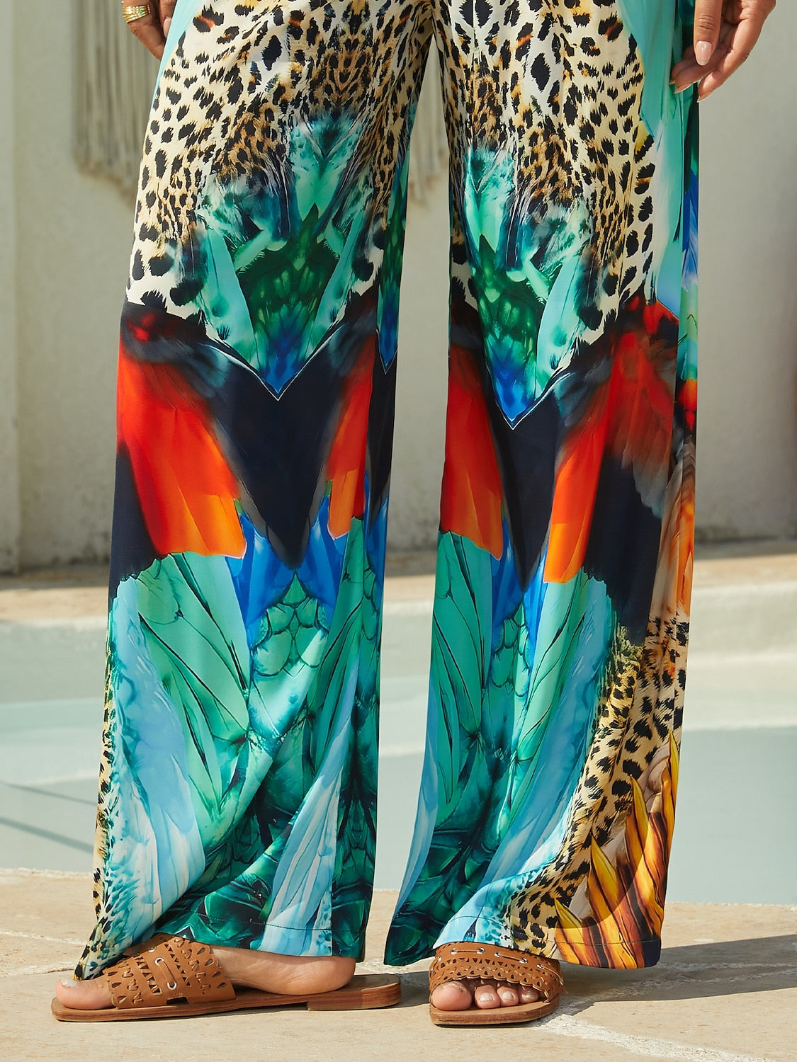 Vacation Leopard Feather Print Straight Fit Satin Long Pants