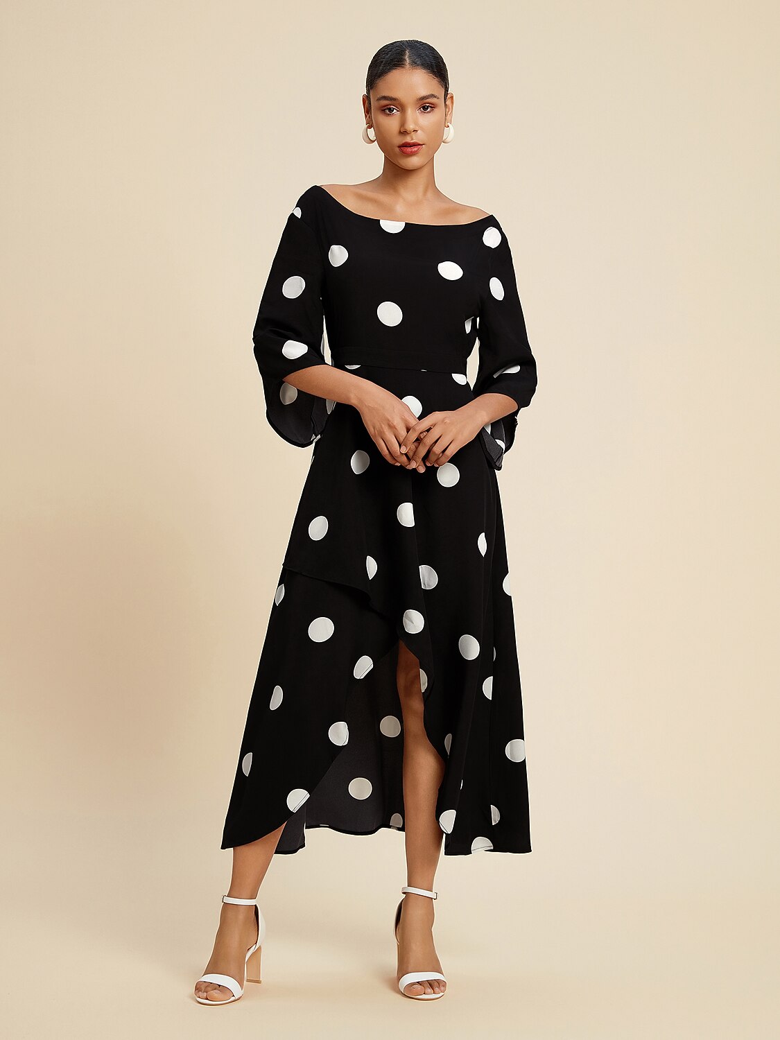 Black Polka Dot Print Asymetric Hem Off-Shoulder Dress
