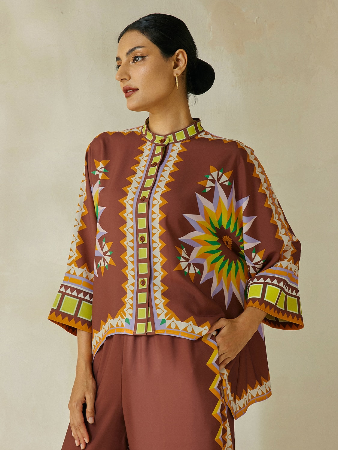 Shirt Brown Bohemian Geometric Graphic Satin Silk