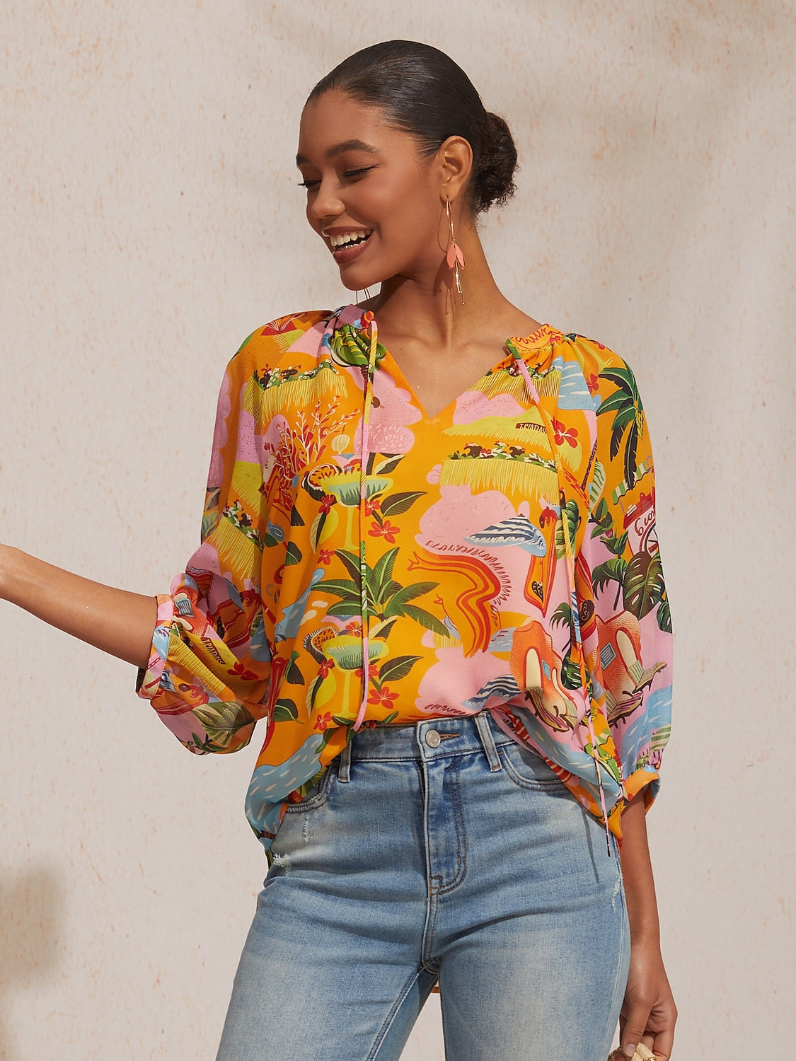 Vacation Beach Element Print Loose fit Chiffon Top