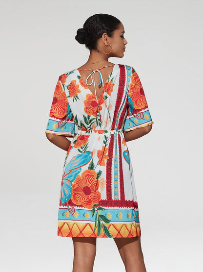 Floral Print Mini Dress Orange Flower Pattern