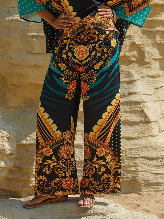 Emerald Empress Silky Satin Elastic Waist Wide-Leg Pants