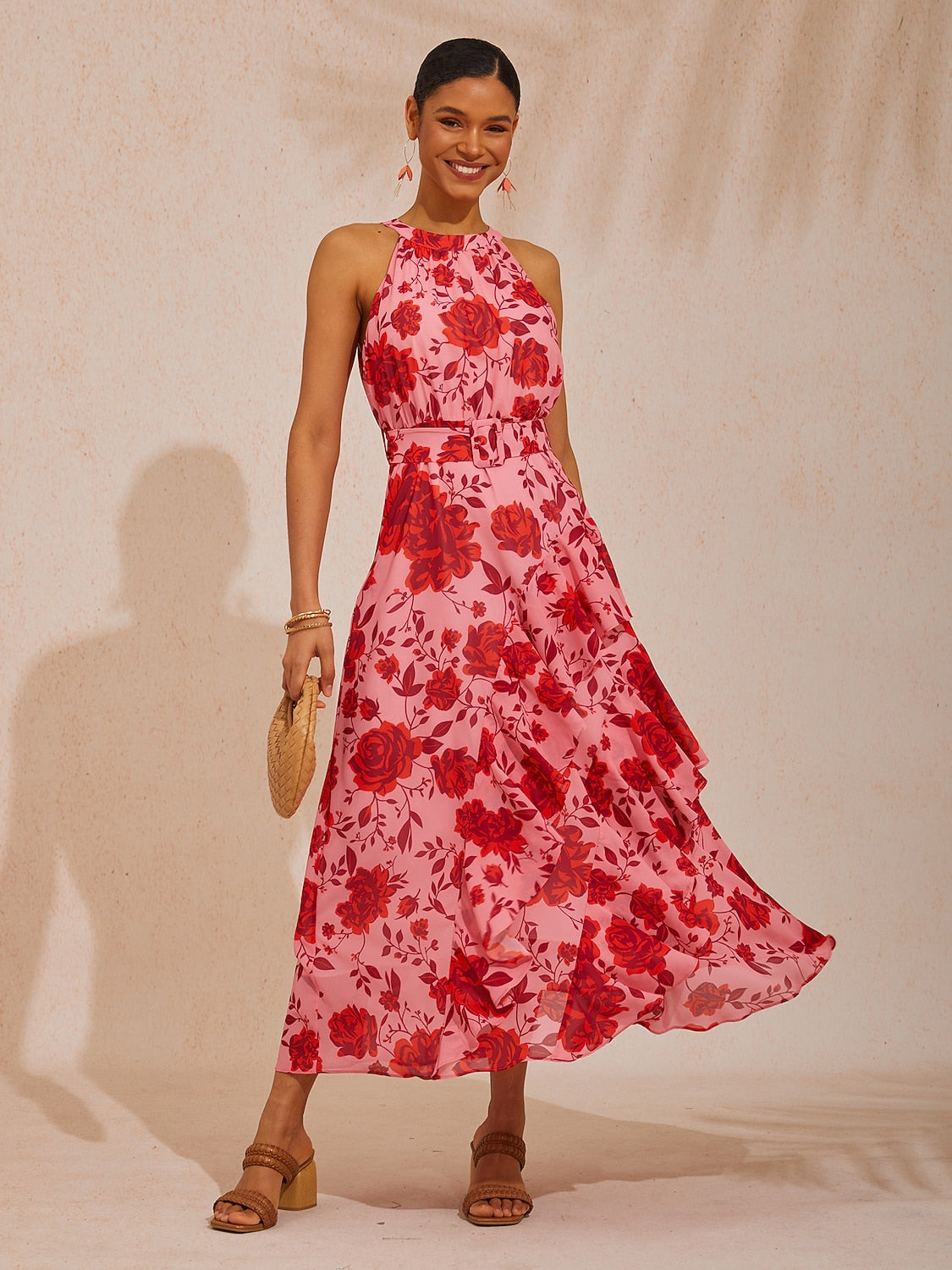 Vacation Pink Floral Waist-Cinching Sleeveless Chiffon Maxi Dress