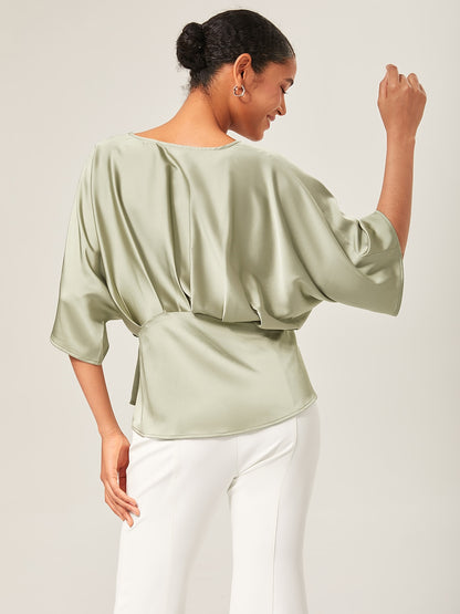 Satin Dolman Sleeve Inverted Pleat V-Neck Top